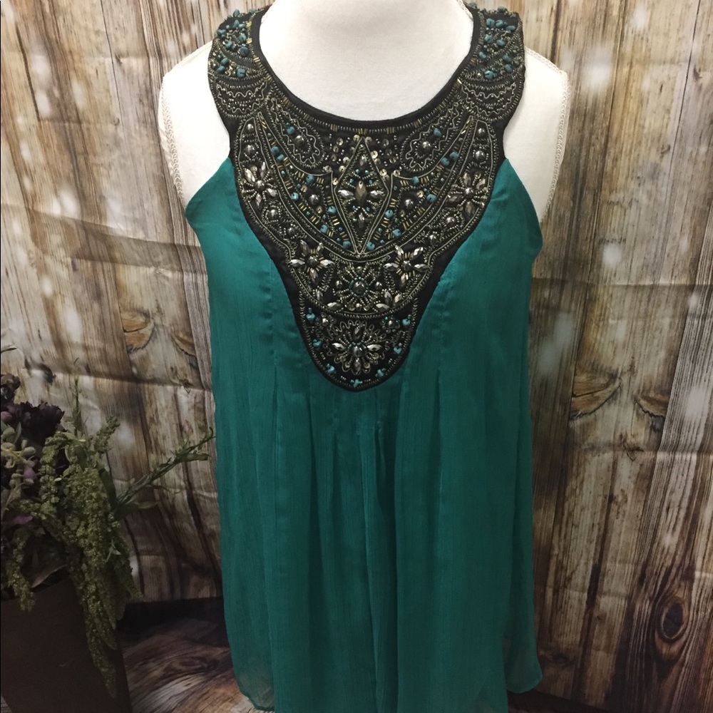 Beaded teal green chiffon mini dress